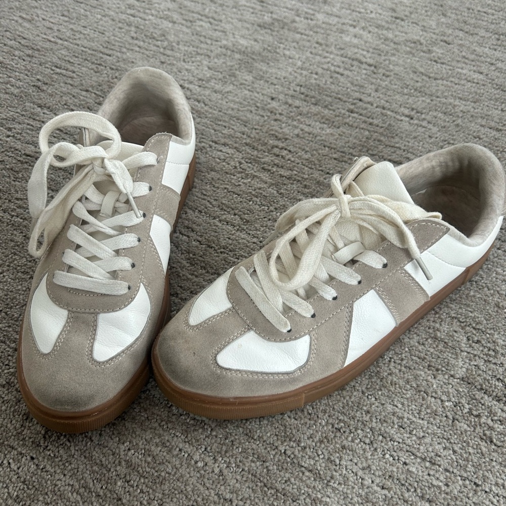 Stylish White and Tan Sneakers